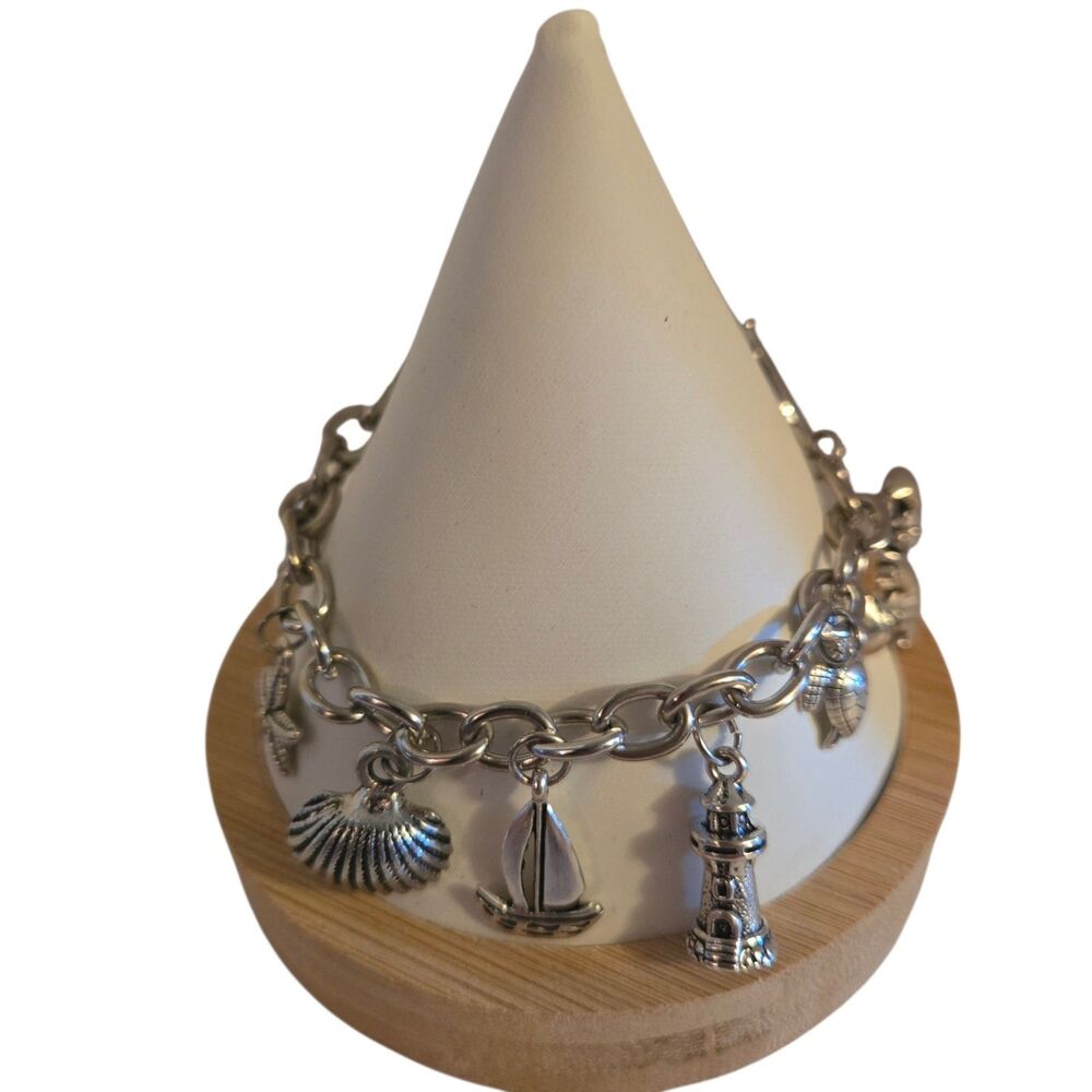 Nautical Sea Life Charm Bracelet Silver Tone Lobster Sea Turtle Mermaid Shell